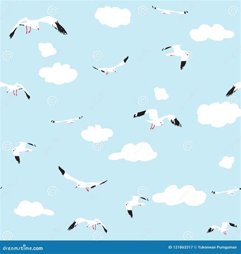 Seamless Pattern Flying Seagull with Clouds on Blue Background Stock Vector - Illustration of ...