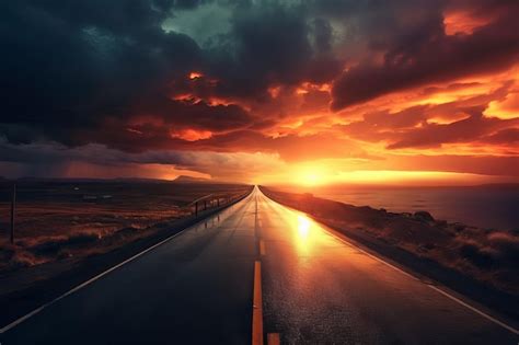 Premium AI Image | A road with a sunset in the background