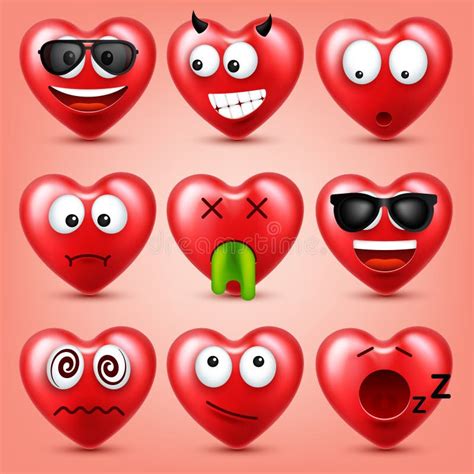 Heart Smiley Emoji Vector Set for Valentines Day. Funny Red Face with Expressions and Emotions ...