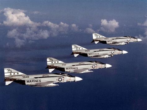 Vietnam War. A flight of 4 USMC F-4 Phantom fighter/bombers of VMFA 333 ...