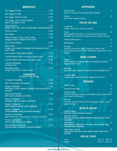 Menu at West Beach Bar & Grill, White Rock