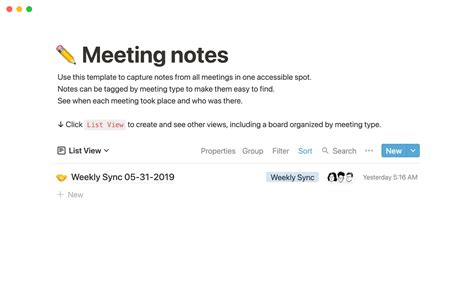 Notion Template Gallery – Meeting notes
