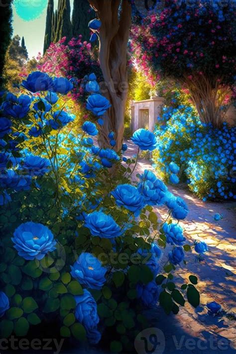 A large expanse of blue roses in the yard. . 22758532 Stock Photo at Vecteezy