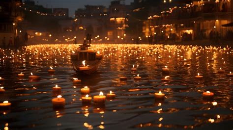 Premium AI Image | Beautiful Diya floating on water diwali festival generated by Ai