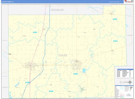 Coles County, IL Zip Code Wall Map Basic Style by MarketMAPS - MapSales