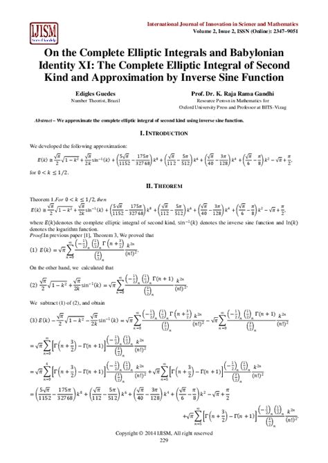 (PDF) On the Complete Elliptic Integrals and Babylonian Identity XI ...