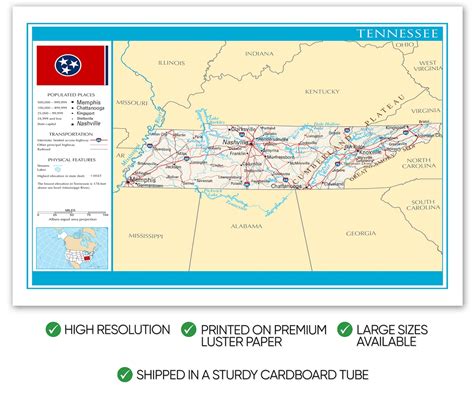 Tennessee Map Detailed Map of Tennessee State Tennessee Geography Wall ...