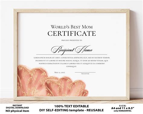 Editable Best Mom Award Certificate Template, Gift for Mothers Day ...