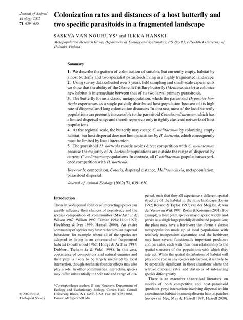 (PDF) Colonization rates and distances of a host butterfly and two specific parasitoids in a ...