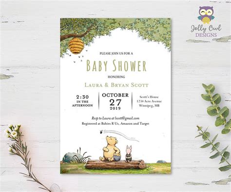 Winnie The Pooh Baby Shower Party Invitation-Personalized Invitation – Jolly Owl Designs