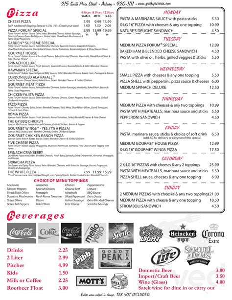 Greek's Pizzeria menu in Avon, Indiana, USA