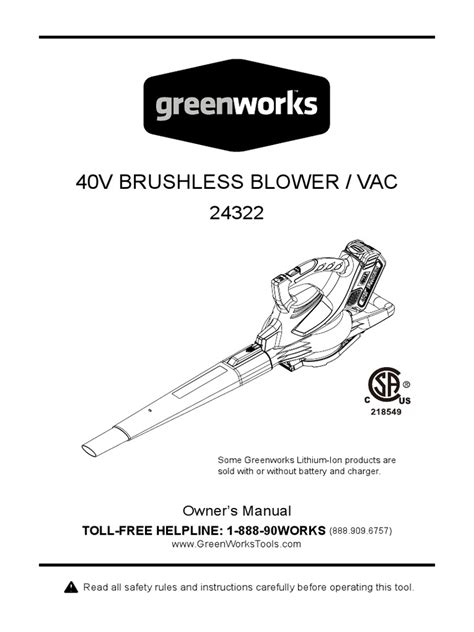 Greenworks Blower Manual | Battery (Electricity) | Battery Charger | Free 30-day Trial | Scribd