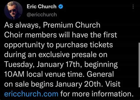 Eric Church Tour 2023 presale code & timings for Ticketmaster, Live Nation, Sirius XM, Fan Club ...