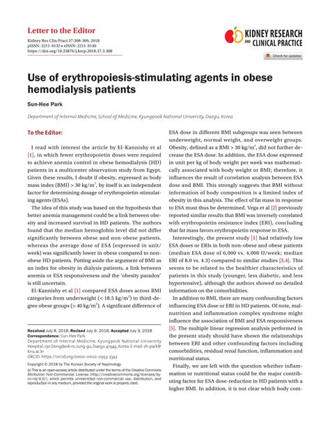 (PDF) Use of erythropoiesis-stimulating agents in obese hemodialysis patients