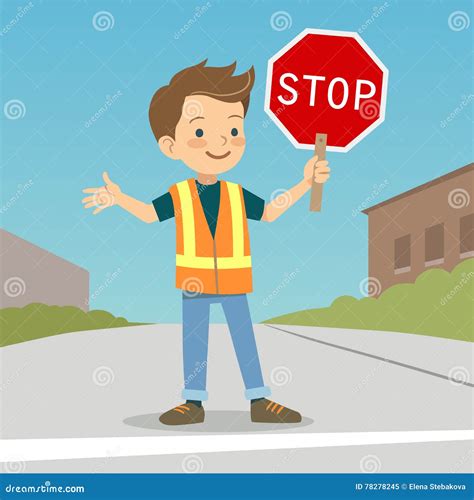 Little Boy In Crossing Guard Uniform In The Street Cartoon Vector ...