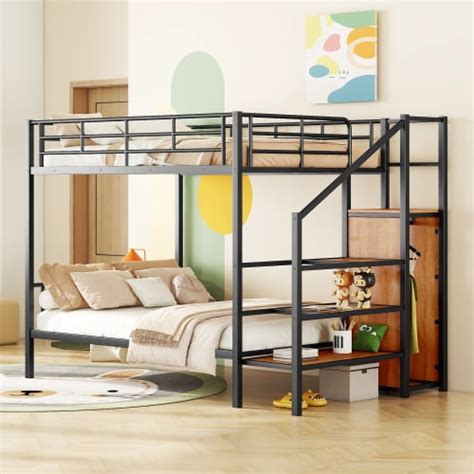 Furvclv Twin Over Full Bunk Bed, Bunk Bed With Wardrobe, Lateral Storage Ladder, Iron Frame ...