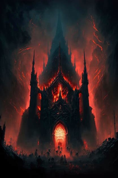 Premium Photo | Dark evil cathedral in hell, fire, smoke