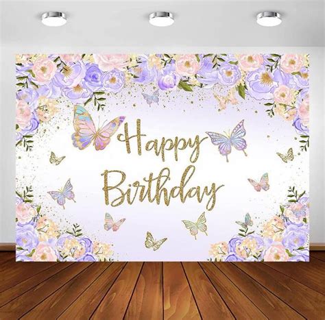 Purple Butterfly Birthday Backdrop for Girl's Purple Peach Floral ...