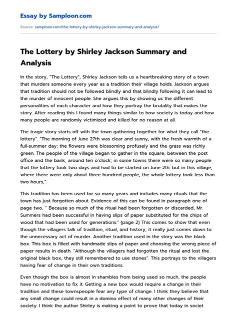 The Lottery by Shirley Jackson Summary and Analysis Argumentative Essay on Samploon.com