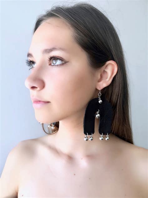 Large arch earrings black leather earrings statement | Etsy