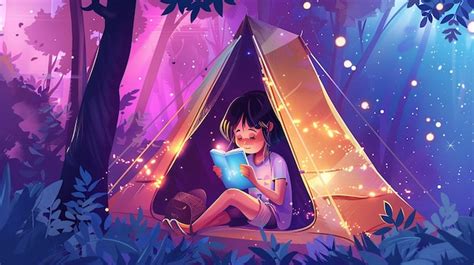 Premium Photo | Child reading with a phone inside a campin