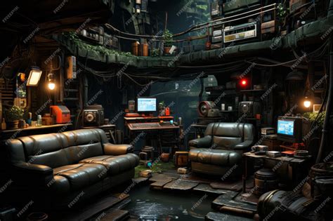 Premium AI Image | Concept art illustration of apartment living room interior in cyberpunk style