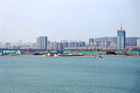 Panoramic Views of Piers, Sea Vessels, Tugboats and the City of Rizhao ...