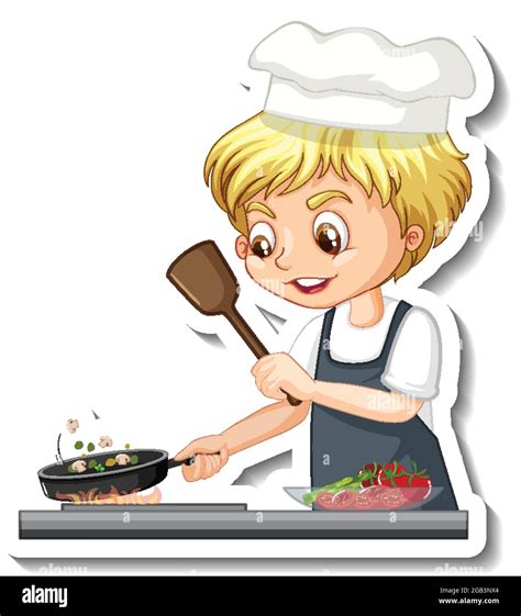 Sticker design with chef boy cooking food cartoon character ...