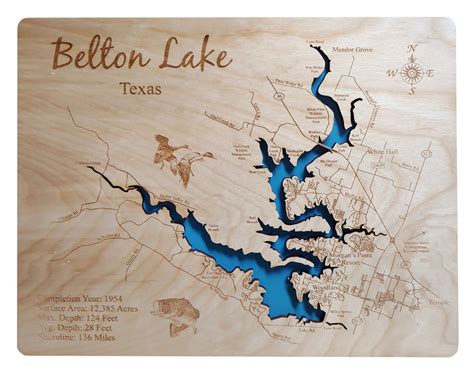 Lake Belton, Texas - Laser Cut Wood Map