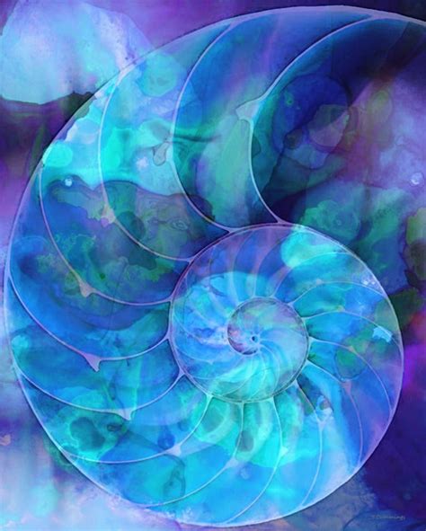 Nautilus Shell Art PRINT from Painting Colorful Blue Beach | Etsy