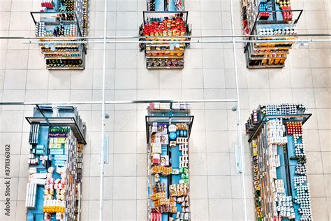 grocery store supermarket interior. Top down view of market shelves ...