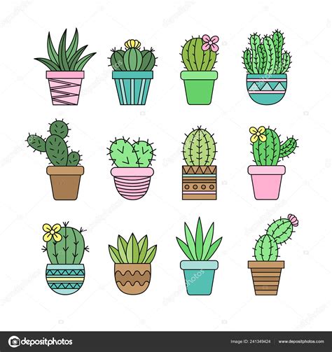 Cute Cactus Set Different Types Cacti Patterned Plant Pots Vector Stock ...