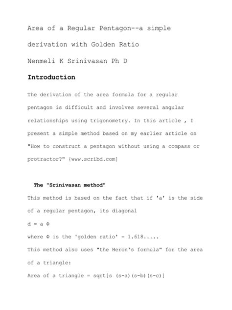 Area of A Regular Pentagon - A Simple Derivation Without Using Trigonometry and The Golden Ratio ...