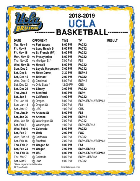 Printable 2018-2019 UCLA Bruins Basketball Schedule