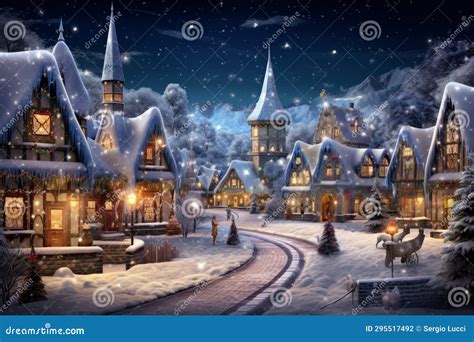 Magical Christmas Night Scene. Winter Village Landscape Stock Photo ...