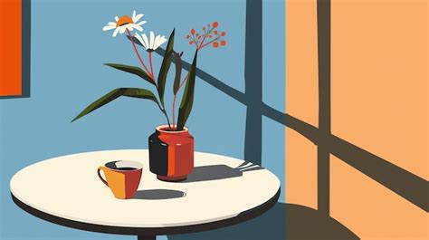 Premium Photo | A minimalist illustration of a table with a vase of flowers and a cup of coffee ...