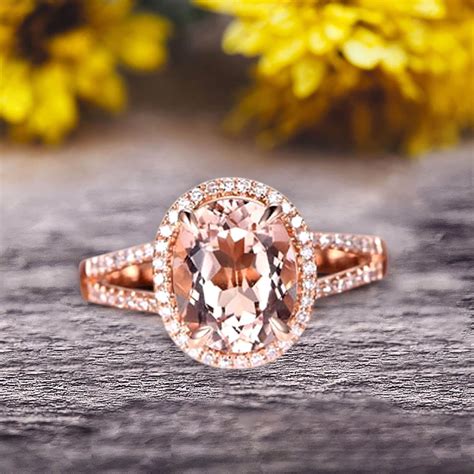 JeenJewels - Oval Cut 10k Rose Gold Morganite Halo Engagement Ring With 1.5 Carat Split Shank ...