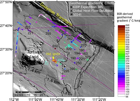 Spatial variations of geothermal gradient derived from the BSR. The red... | Download Scientific ...