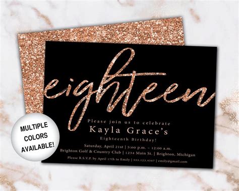 18th Birthday Party Invitation Templates Free - Black and Gold Glitter Card