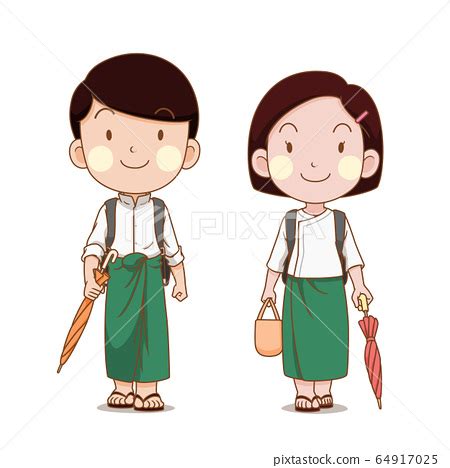 Cute couple of Myanmar students going to school. - Stock Illustration ...