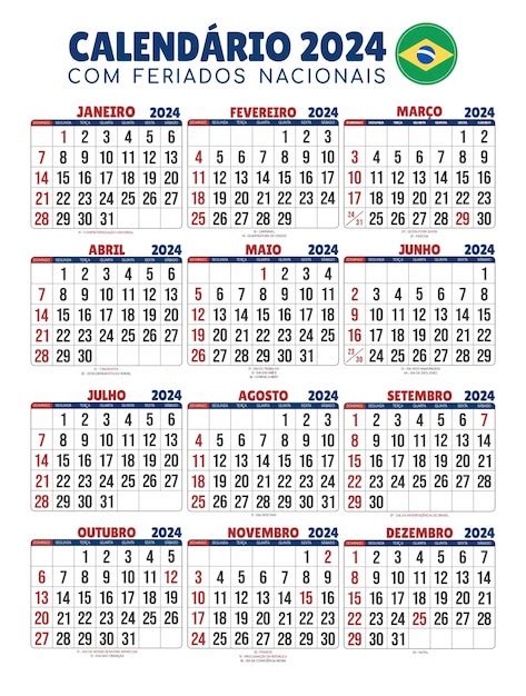 Calendário Brasil 2024 Feriados Nacionais Calendário datas comemorativas e feriados 2024 | Vetor ...