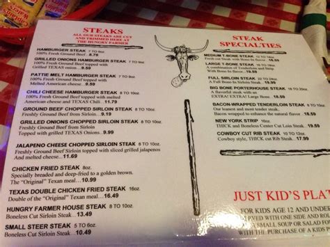 Menu at Hungry Farmer steakhouse, San Antonio