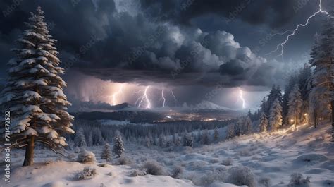 Thundersnow, also known as a winter thunderstorm, a rare weather phenomenon. Dramatic lighting ...