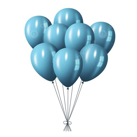 Set Of Sky Blue Balloons With Strings On Transparent Background, Balloon Set, Shiny Balloons ...