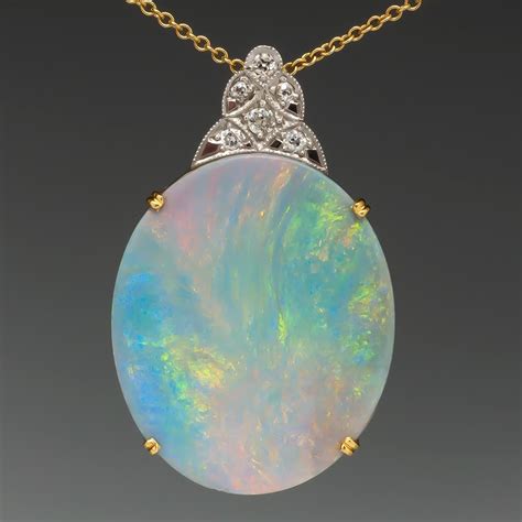 Magnificent Large Opal & Diamond Pendant Necklace 18K Gold