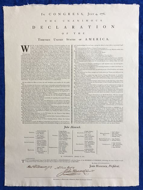 The Declaration of Independence – Replica of Mary Katharine Goddard’s 1777 Broadside