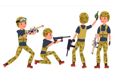 Young Army Soldier Man Vector. Poses. Ready For Battle. Camouflage Uniform. War. Man. Flat ...