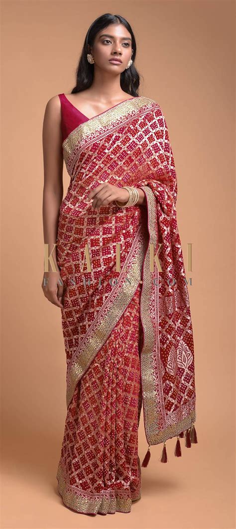 Orange And Red Shaded Saree In Georgette With Bandhani Print And Weaved Checks Online - Kalki ...