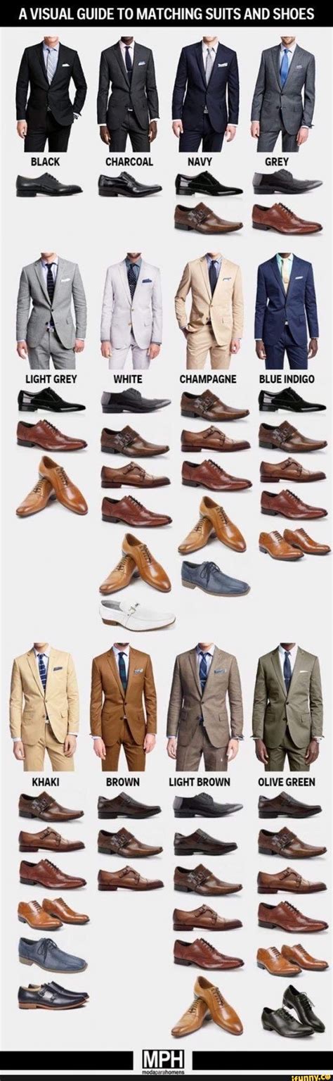 A VISUAL GUIDE TO MATCHING SUITS AND SHOES ~ y\ CHARCOAL NAVY BROWN LIGHT BROWN OLIVE GREEN GREY ...