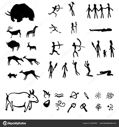 Vector Set Black Cave Drawings Illustrations People Animals Tools Primitive Stock Vector by ...